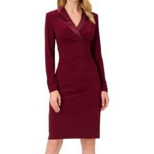 Adrianna Papell US 12 Red Wine Jersey Tuxedo Ruched Wrap Dress Notched Collar